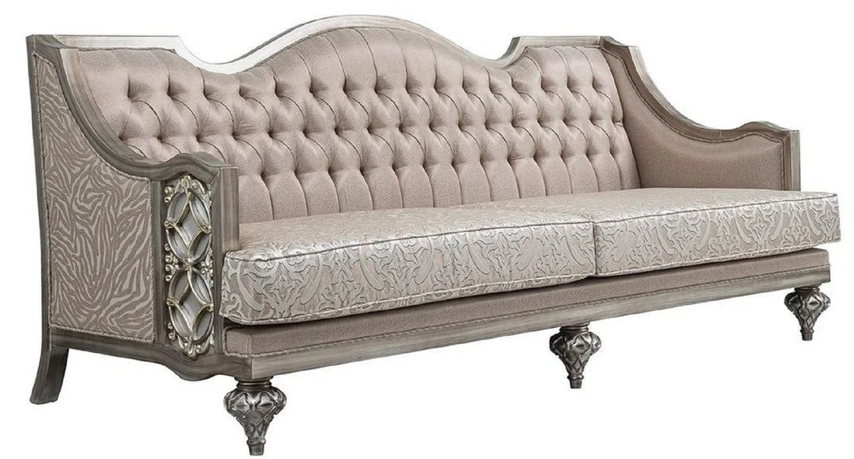 Luxury Baroque Living Room Sofa Pink / Silver - Handcrafted solid wood sofa with elegant pattern and decorative pillows - Living room furniture in baroque style