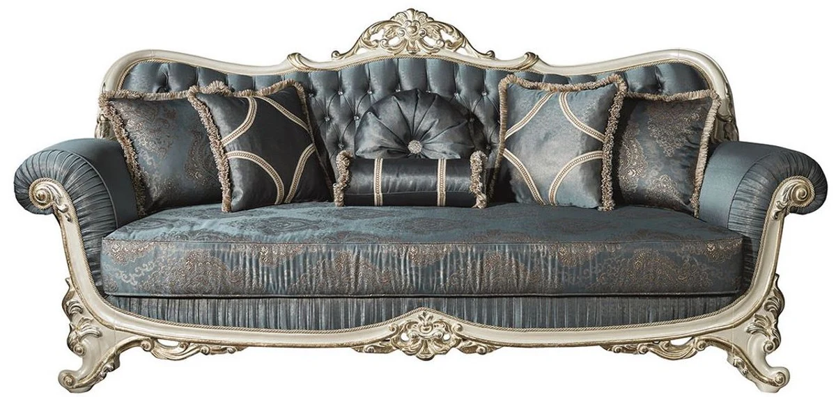 Luxury baroque living room sofa with rhinestones and decorative cushions blue / cream / gold 240 x 95 x H. 105 cm - Noble couch in baroque style