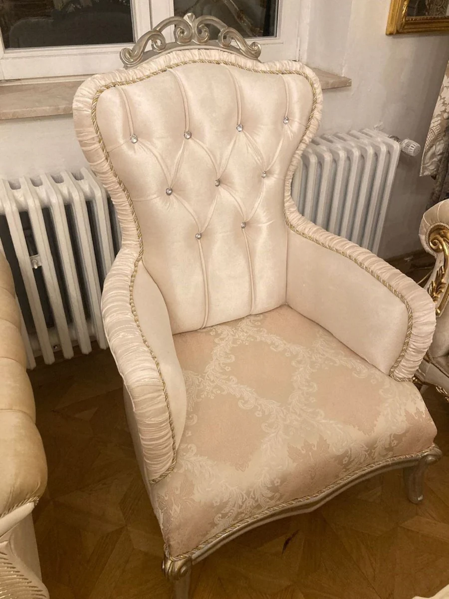 Luxus Barock Sessel Rosa / Silber - Prunkvoller Wohnzimmer Sessel mit Glitzersteinen - Luxus Wohnzimmer Möbel im Barockstil - Barock Möbel - Barock Einrichtung - Edel & Prunkvoll