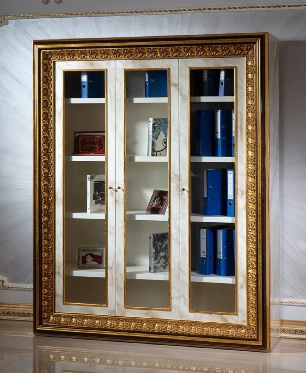 Luxury baroque bookcase white / dark brown / gold - magnificent solid wood cabinet with 3 glass doors - handmade baroque office furniture - noble and magnificent