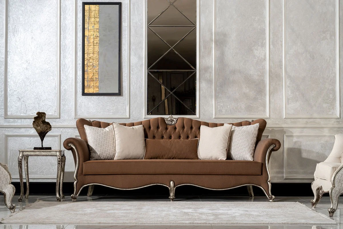 Luxury Baroque Living Room Sofa Brown / Antique Silver - Handmade Baroque Style Sofa with Decorative Pillows - Luxury Living Room Furniture in Baroque Style - Baroque Furniture - Noble & Magnificent