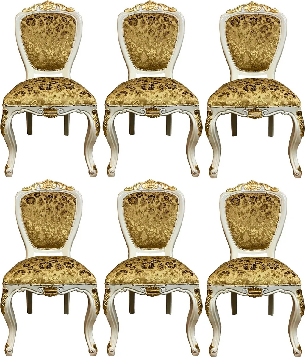 Pompöös by Luxury Baroque Dining Room Chairs Gold Bouquet Pattern / Cream White / Gold - Pompöös Baroque Chairs designed by Harald Glööckler - 6 Dining Room Chairs - Baroque Dining Room Furniture