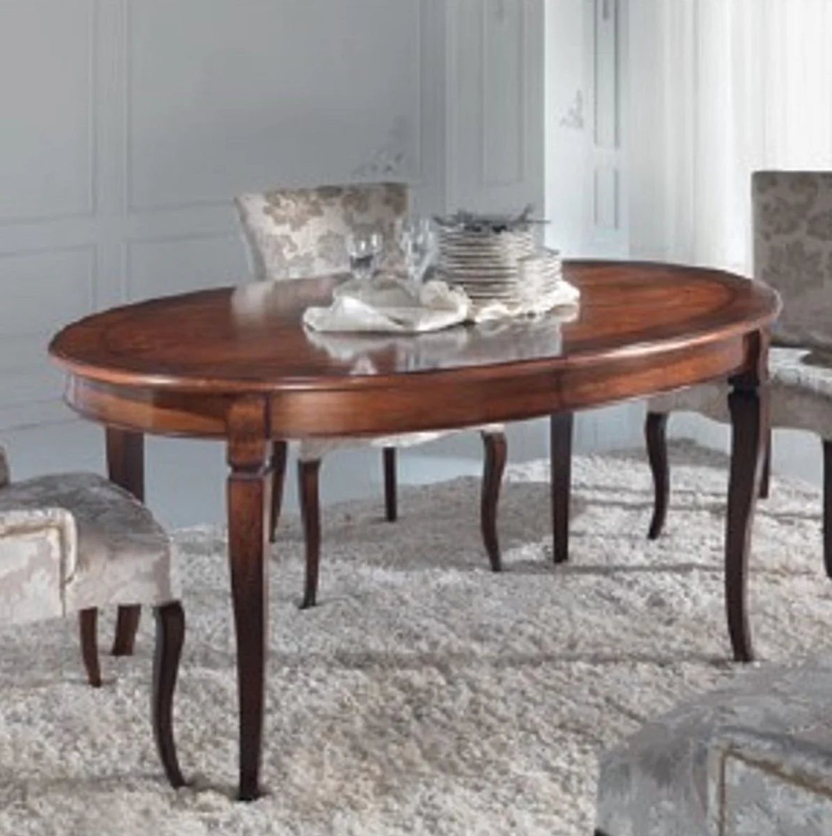 Luxury Baroque Dining Table Dark Brown Inlaid - Oval Extendable Solid Wood Dining Room Table in Baroque Style - Baroque Dining Room Furniture - Luxury Quality - Made in Italy