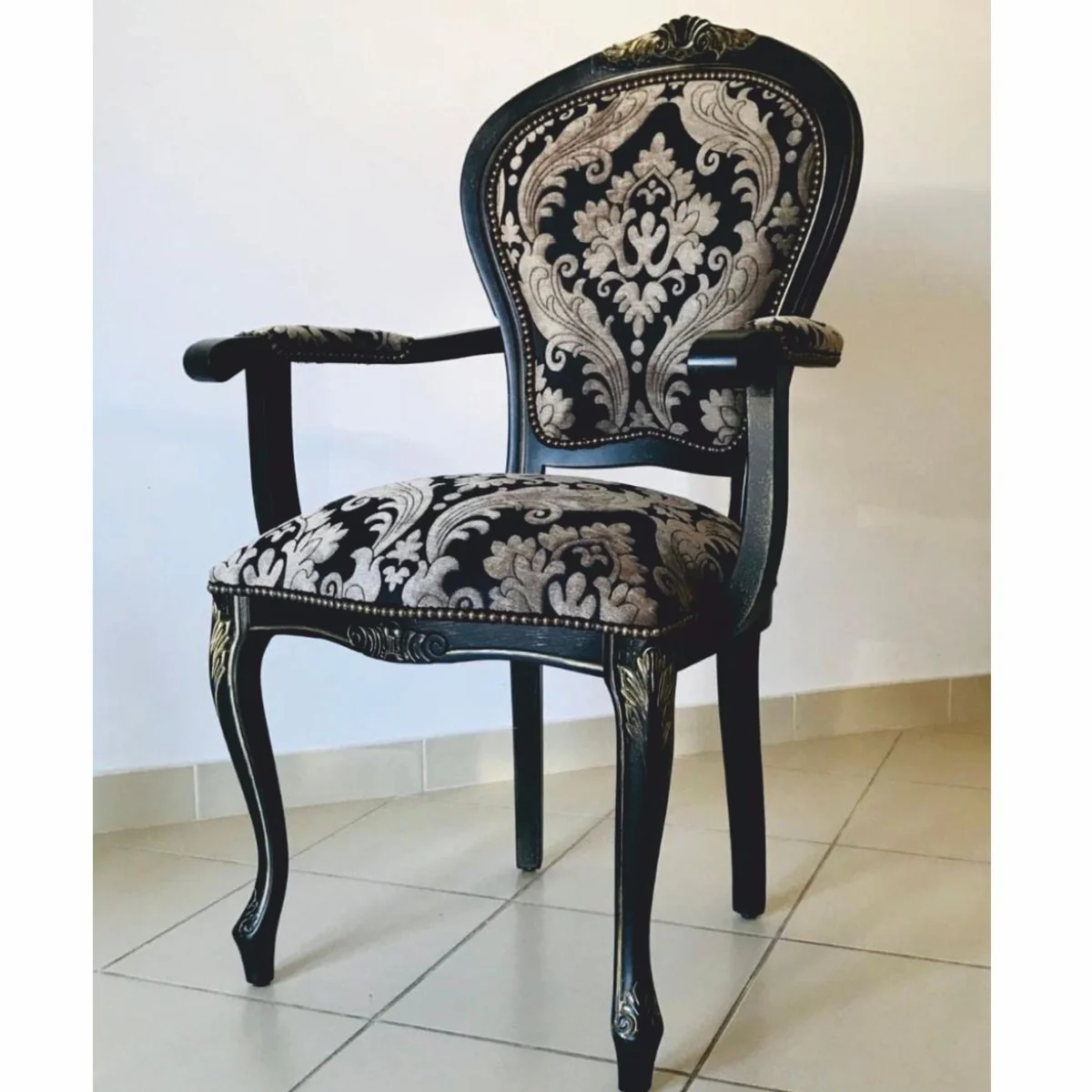 Luxury Baroque Dining Chair with Armrests Black / Gray / Antique Black