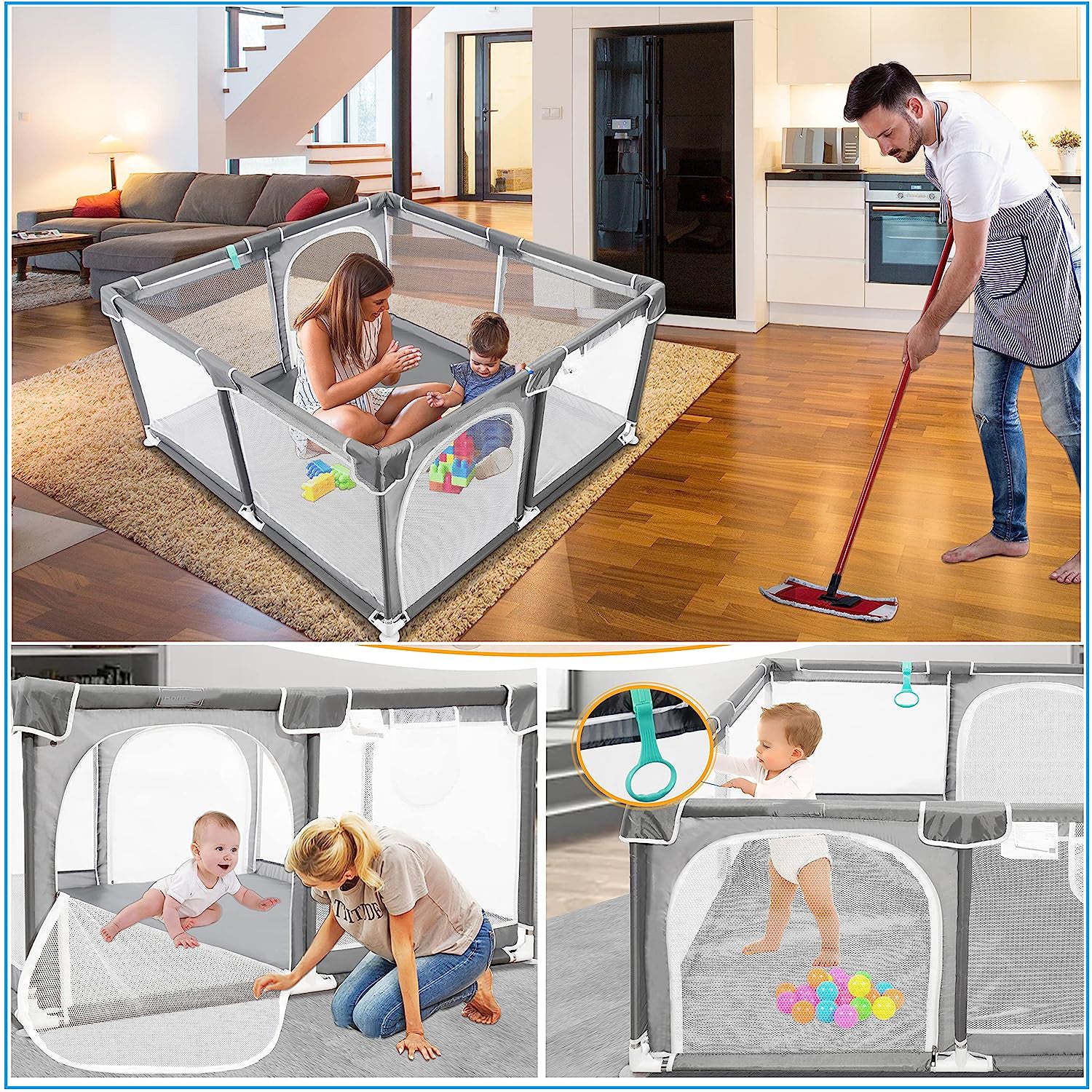 Baby-Laufstall, 127 x 127 cm, Pack N Play, Laufstall, Babygitter, Kinderaktivitätscenter, Laufstall für Babys und Kleinkinder, für drinnen und draußen (schwarz)