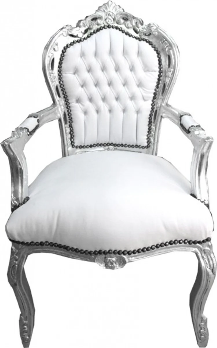 Baroque dining room chair with armrests white / silver leather look - furniture antique style