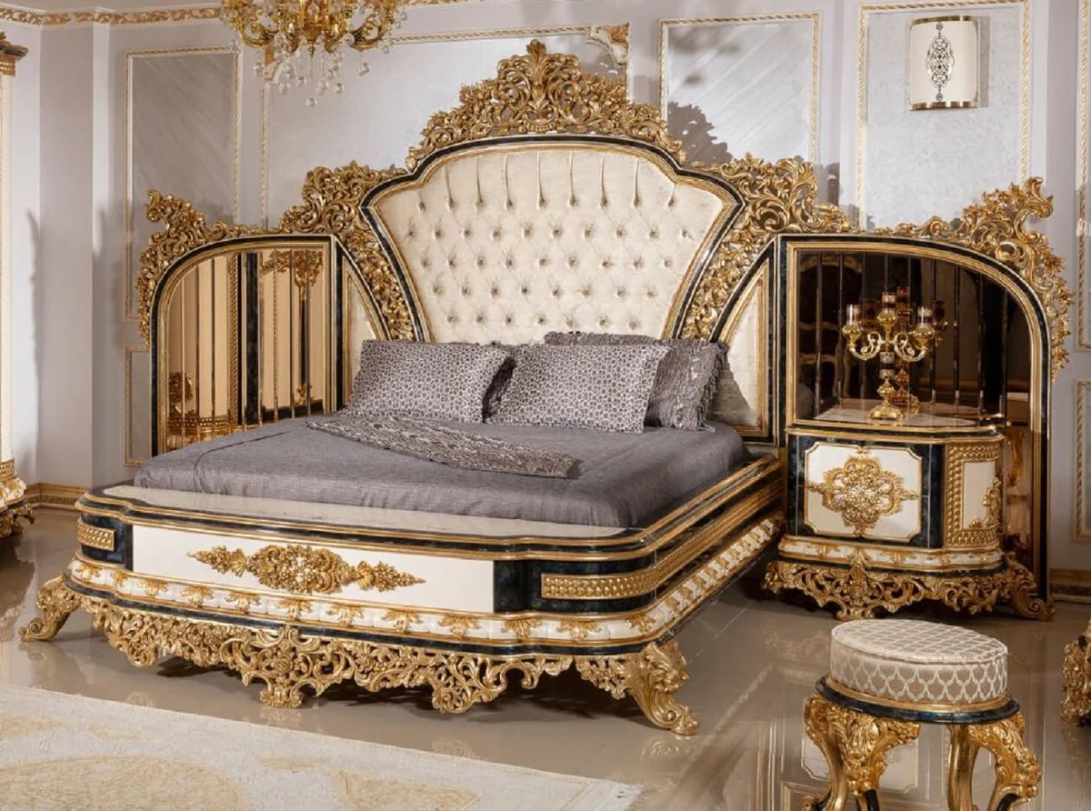 Luxury baroque bedroom set gold / white / blue / gold - 1 double bed with headboard & 2 bedside chests - bedroom furniture in baroque style - noble and magnificent