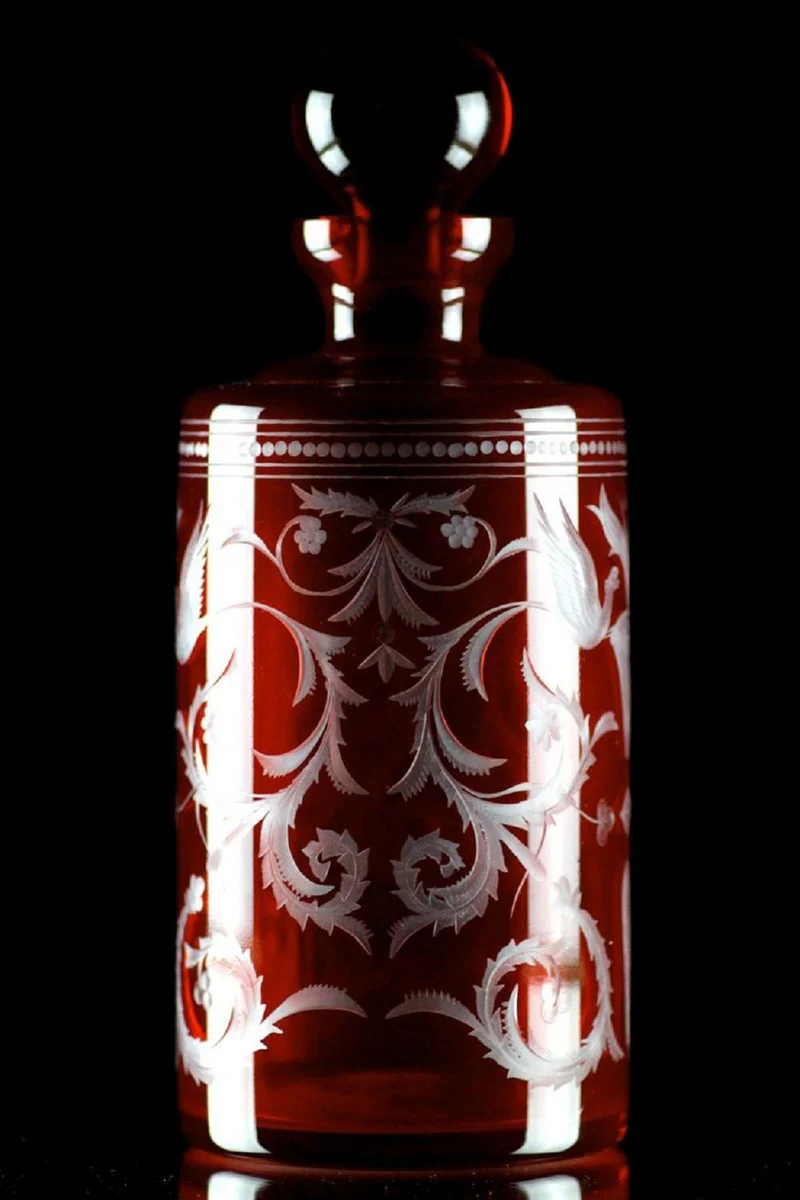 Luxury whiskey carafe red / silver Ø 12.5 x H. 20 cm - mouth-blown and hand-engraved glass carafe - hotel & restaurant accessories - luxury quality
