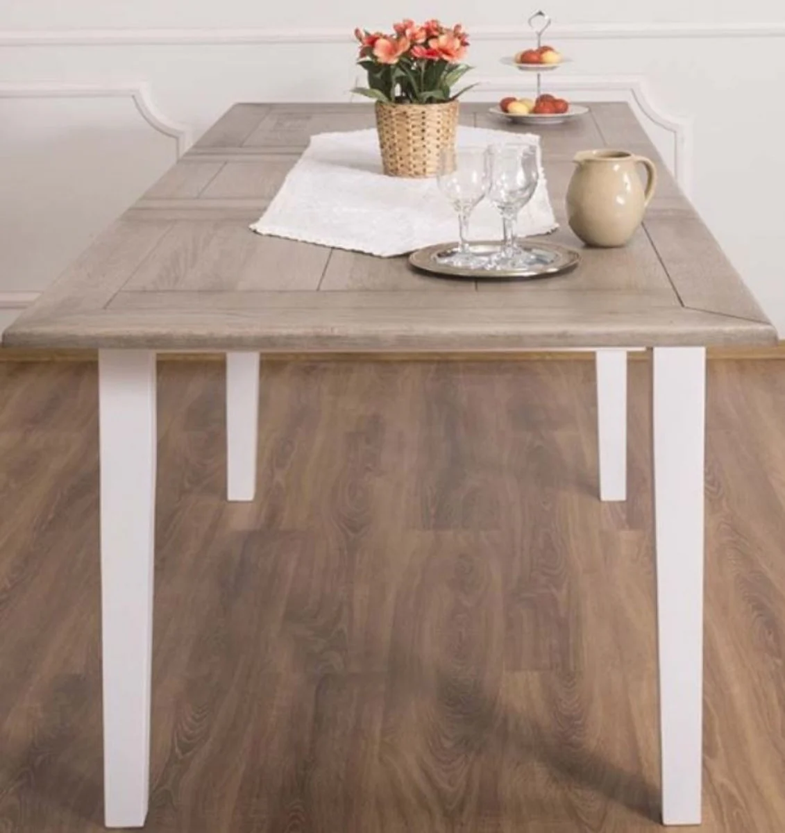 Country house style dining table brown / white 160-200 x 90 x H. 78 cm - solid wood kitchen table with extendable oak table top