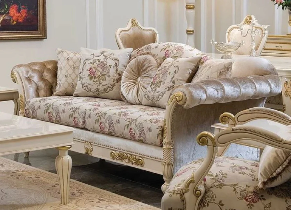 Luxus Barock Wohnzimmer Set Creme / Rosa / Weiß / Gold - 2 Sofas & 2 Sessel - Handgefertigte Wohnzimmer Möbel im Barockstil - Edel & Prunkvoll