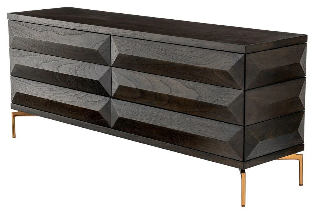 Luxury solid wood chest of drawers with 6 drawers mocha / brass 182 x 48 x H. 75 cm - Bedroom chest of drawers - Bedroom furniture - Luxury furniture - Luxury furnishings - Luxury furniture