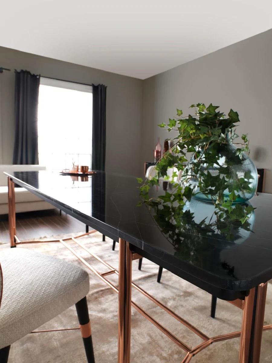 Luxury dining room furniture set white / black / copper - 1 luxury dining table with marble top & 8 luxury dining room chairs - dining room furniture - restaurant furniture - luxury furniture