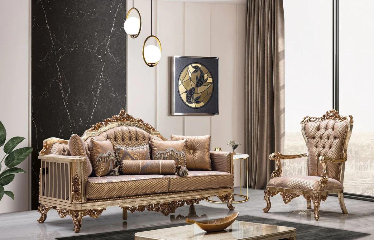 Luxury baroque sofa copper / antique silver / gold - baroque style living room sofa with elegant pattern - luxury living room furniture in baroque style - baroque furnishings - baroque furniture