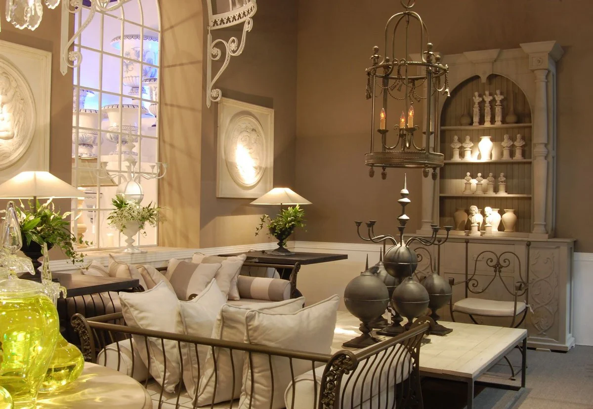 Luxury Art Nouveau garden chair with armrests and seat cushion brown / white 60 x 44 x H. 97 cm - Hand-forged dining room chair - Dining room garden patio furniture