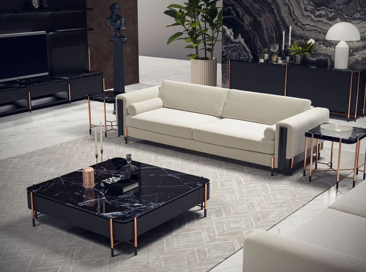 Luxury sofa cream white / matt black / copper 220 x 107 x H. 78 cm - living room sofa - hotel sofa - living room furniture - hotel furniture - luxury furniture - luxury furnishings