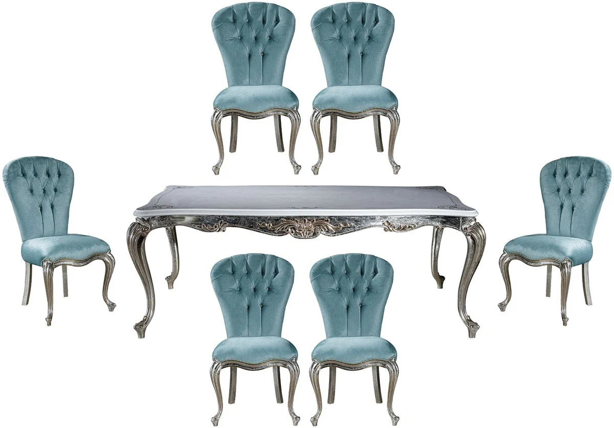 Luxury Baroque Dining Room Set Light Blue / Silver - 1 Dining Table & 6 Dining Chairs - Baroque Dining Room Furniture - Noble & Magnificent