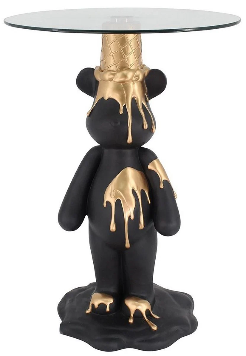 Luxury side table bear black / gold Ø 48.5 x H. 69 cm - Round synthetic resin table with glass top - Living room furniture - Luxury furniture - Luxury furnishings - Living room furnishings