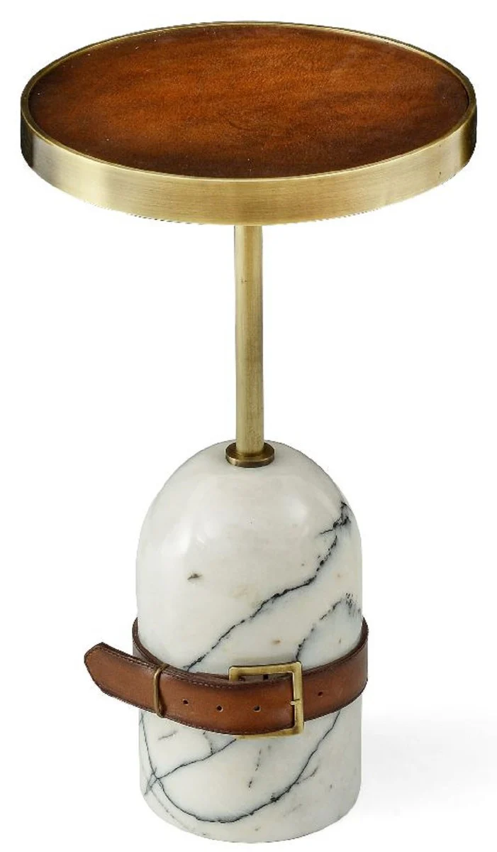 Luxury side table brown / brass / white Ø 29.5 x H. 51.5 cm - Round table with marble base - Living room furniture - Luxury furniture
