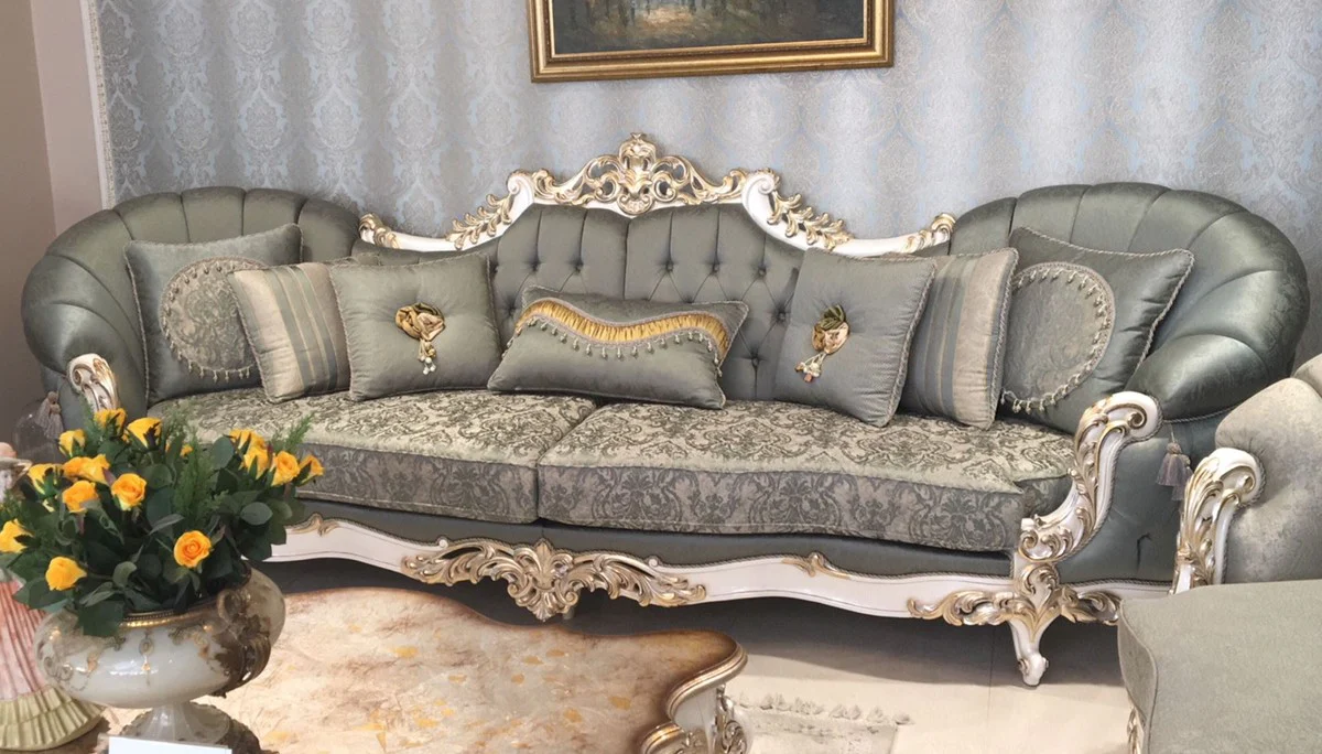 Luxury Baroque Sofa Green / White / Gold - Magnificent Living Room Sofa - Handcrafted Baroque Living Room Furniture - Noble & Magnificent