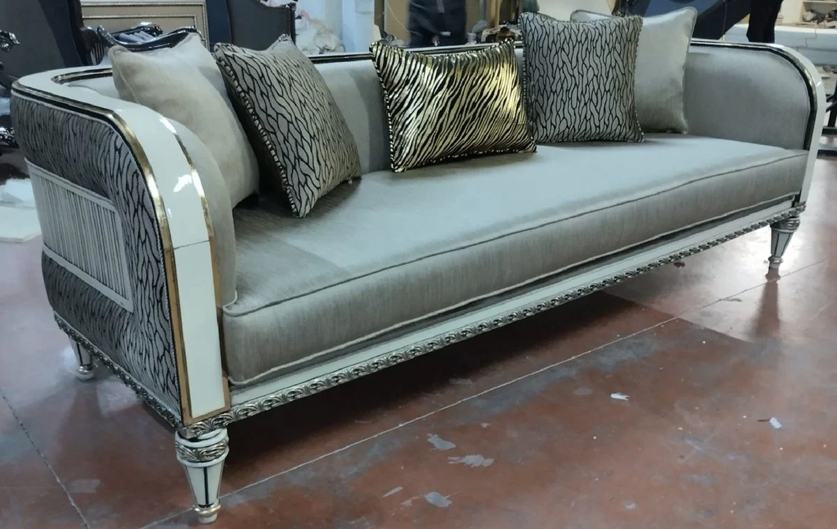 Luxury Baroque Sofa Silver / White / Gold - Magnificent Living Room Sofa - Baroque Style Living Room Furniture - Luxury Furniture in Baroque Style - Baroque Furnishings - Noble & Magnificent