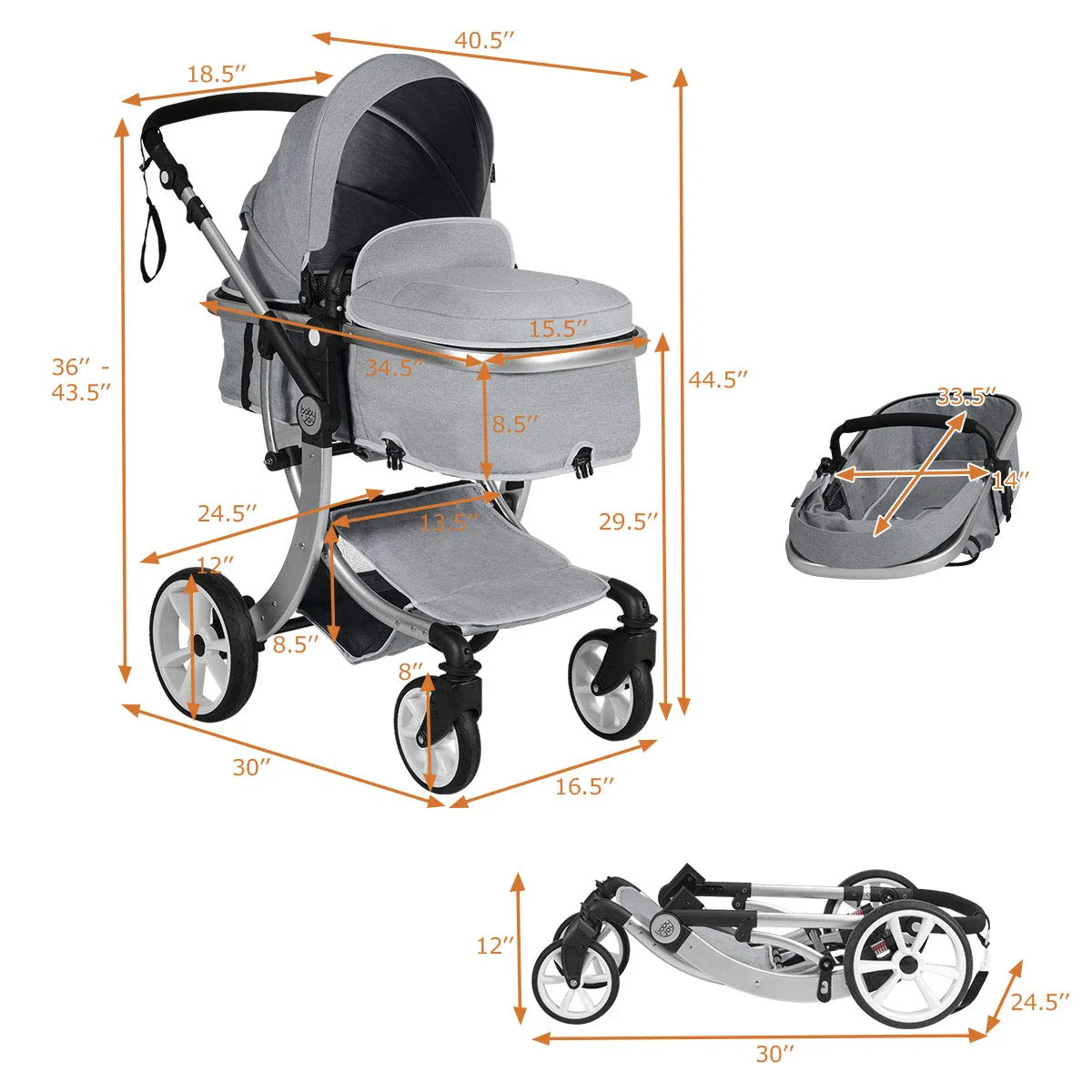 Kinderwagen, umwandelbarer Hochformat-Kinderwagen mit Stubenwagen, verstellbares Verdeck und Rückenlehne, Aufbewahrungskorb, Fußabdeckung, faltbarer Kinderwagen für Neugeborene (grau)