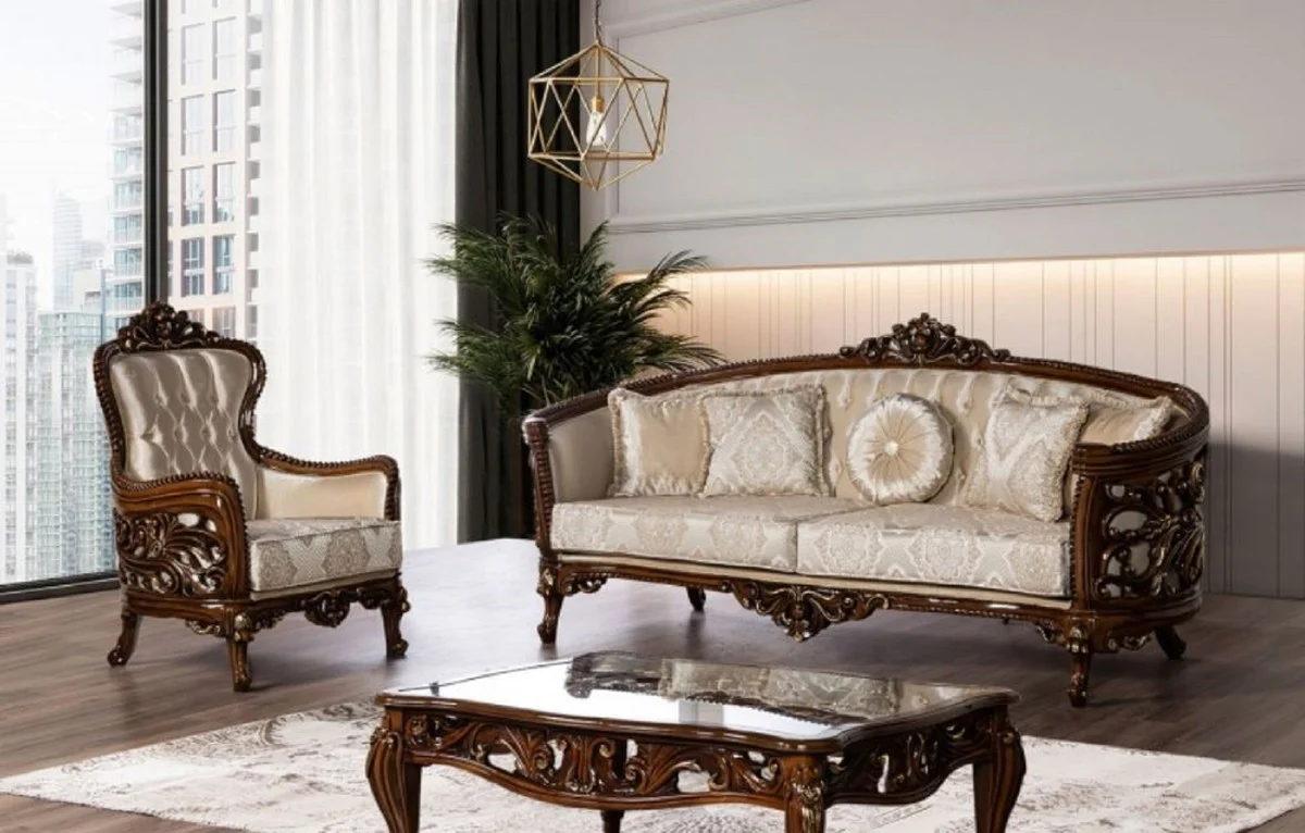 Luxury Baroque Sofa Beige / Brown / Gold - Magnificent living room sofa with elegant pattern - Baroque living room furniture