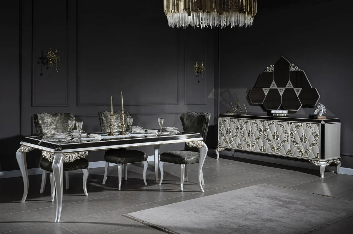 Luxury baroque dining room set green / gold / white - 1 dining table with glass top & 6 dining chairs - noble dining room furniture in baroque style