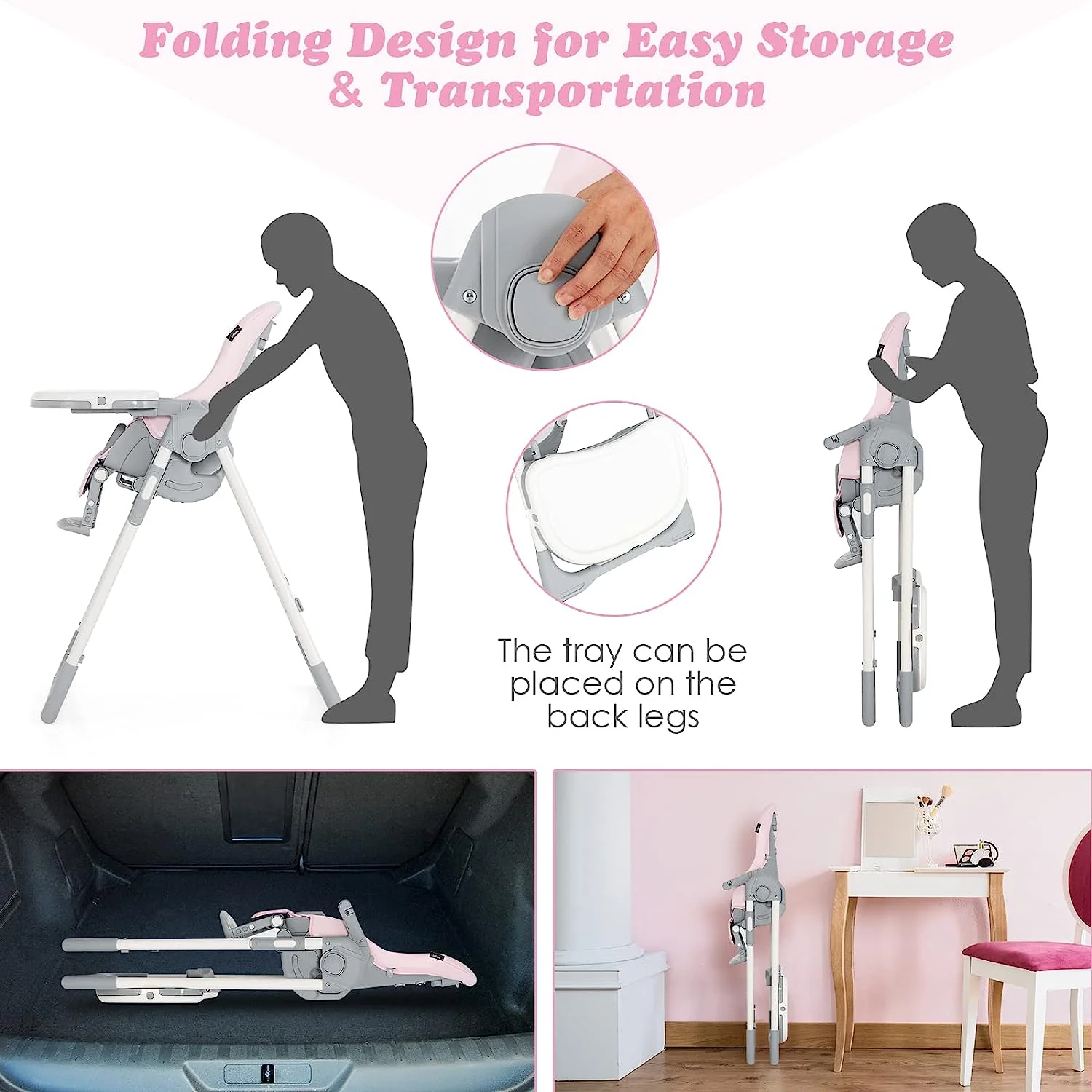 Hochstuhl für Babys und Kleinkinder, faltbarer Hochstuhl mit mehrfach verstellbarer Rückenlehne, Fußstütze und Sitzhöhe, abnehmbarem Tablett, abnehmbarem PU-Lederkissen, integrierten Hinterrädern (schwarz)