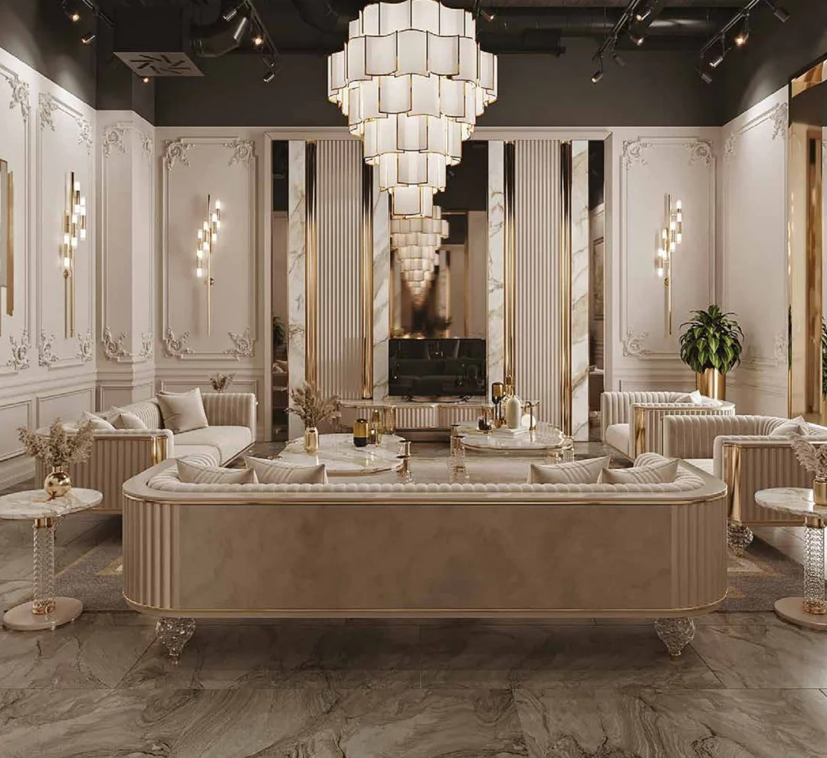 Luxury Art Deco 3-seater sofa gray / gold 260 x 96 x H. 75.5 cm - Living room sofa - Living room furniture - Art Deco furniture - Luxury furniture - Art Deco furnishings - Luxury furnishings