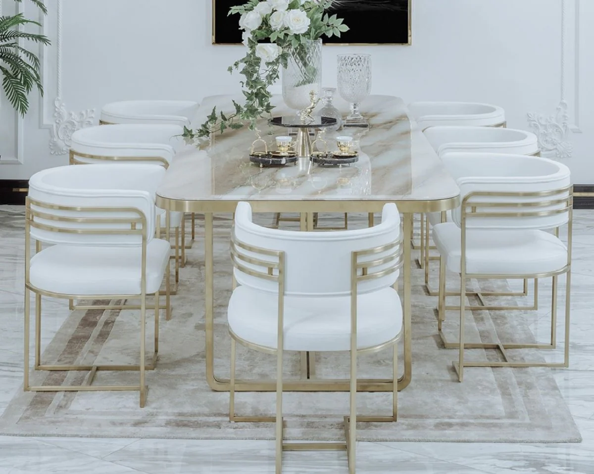 Luxury dining room chair set with armrests white / gold 58 x 51 x H. 76 cm - kitchen chairs set of 8 - dining room furniture - restaurant furniture - luxury furniture - luxury furnishings