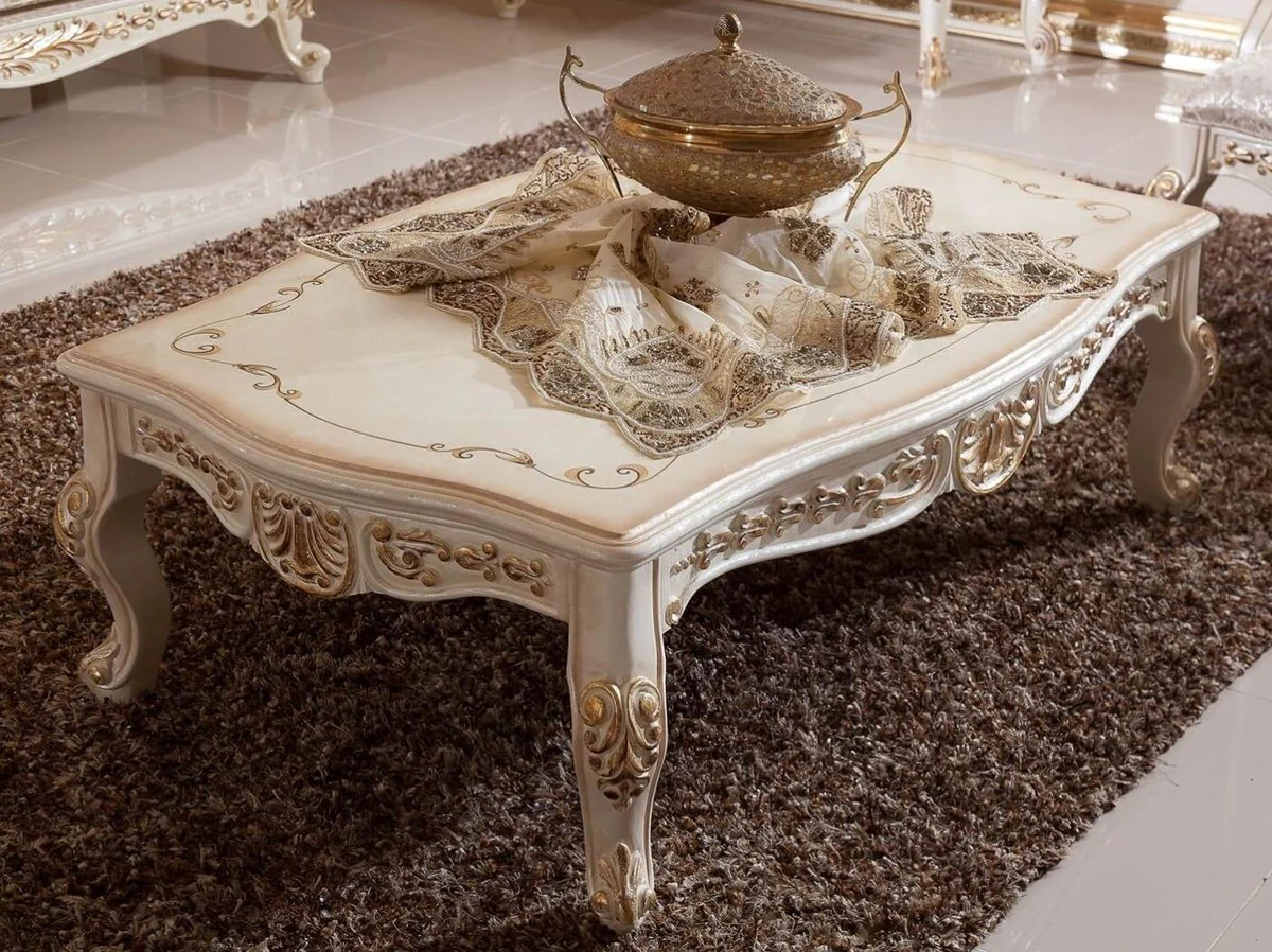 Luxury baroque coffee table white / beige / gold - magnificent solid wood living room table in baroque style - baroque living room furniture - noble & magnificent