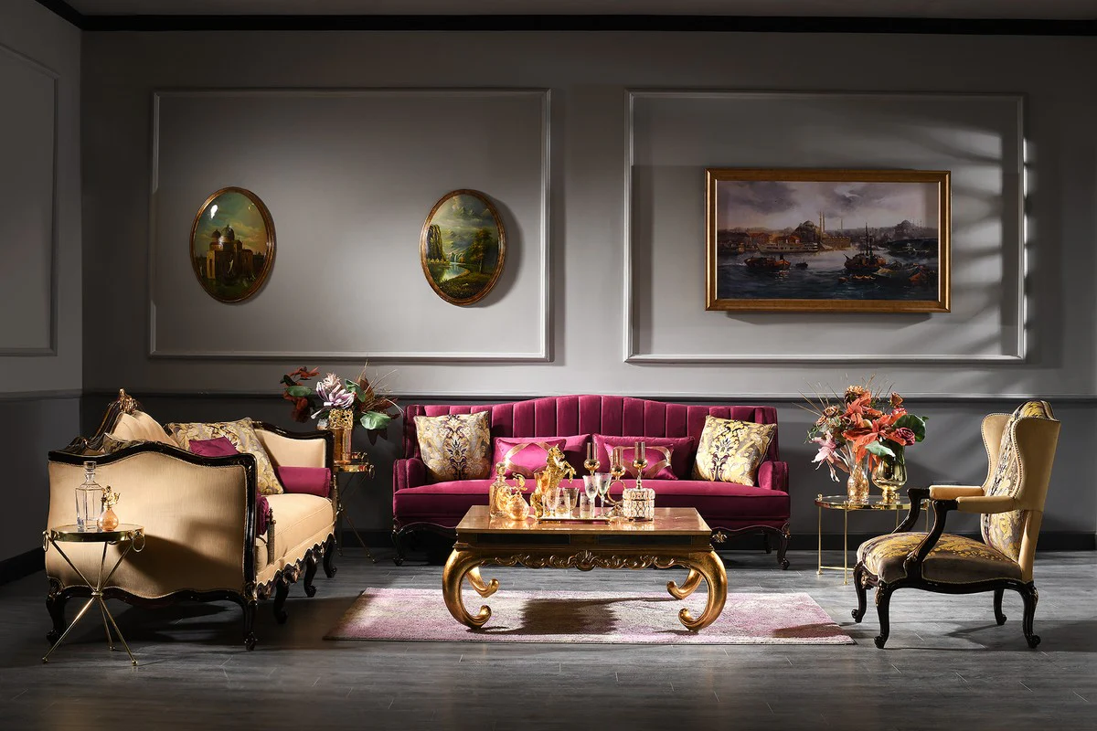 Luxury baroque sofa purple / black / gold 242 x 103 x H. 90 cm - magnificent living room sofa - baroque furniture
