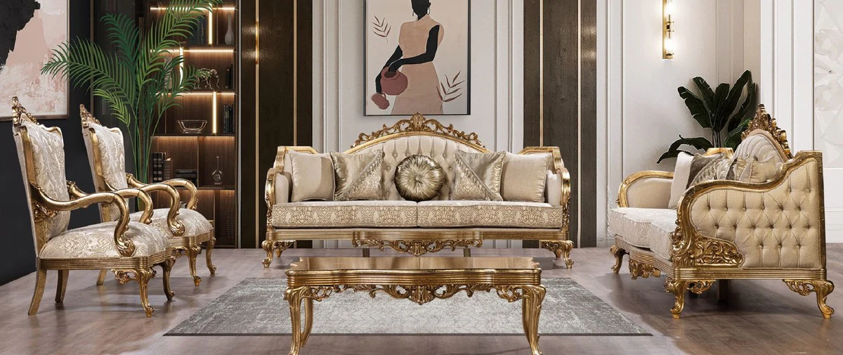 Luxus Barock Wohnzimmer Set Gold / Antik Gold - 2 Barock Sofas & 2 Barock Sessel & 1 Barock Couchtisch - Luxus Wohnzimmer Möbel im Barockstil - Barock Möbel - Edel & Prunkvoll