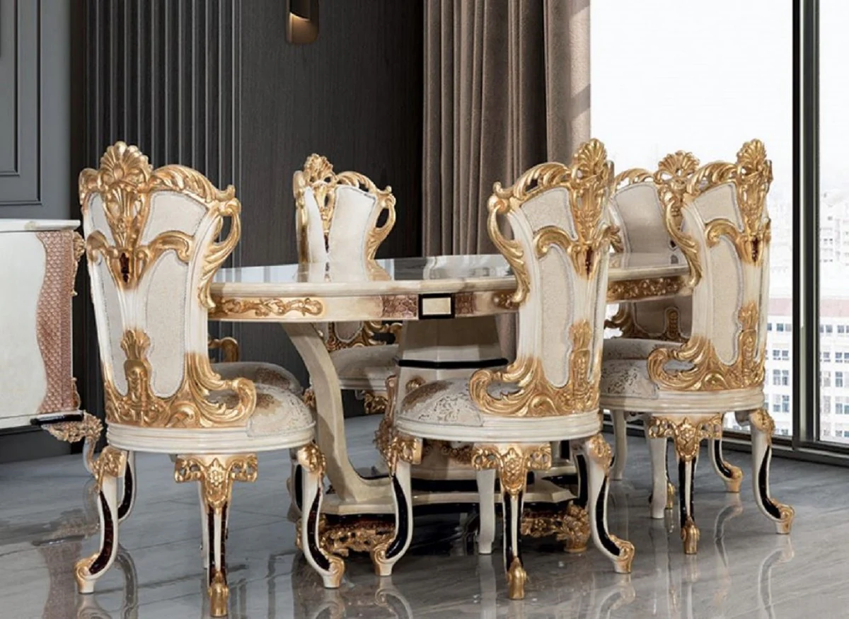 Luxury Baroque Dining Room Set Cream / White / Gold - 1 Baroque Dining Table & 6 Baroque Dining Chairs - Baroque Dining Room Furniture - Luxury Furniture in Baroque Style - Noble & Magnificent