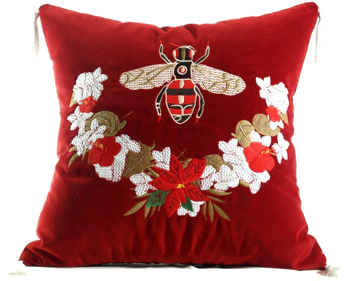 Luxus Deko Kissen mit Troddeln Bee Rot / Mehrfarbig 45 x 45 cm - Feinster Samtstoff - Luxus Deko Accessoires
