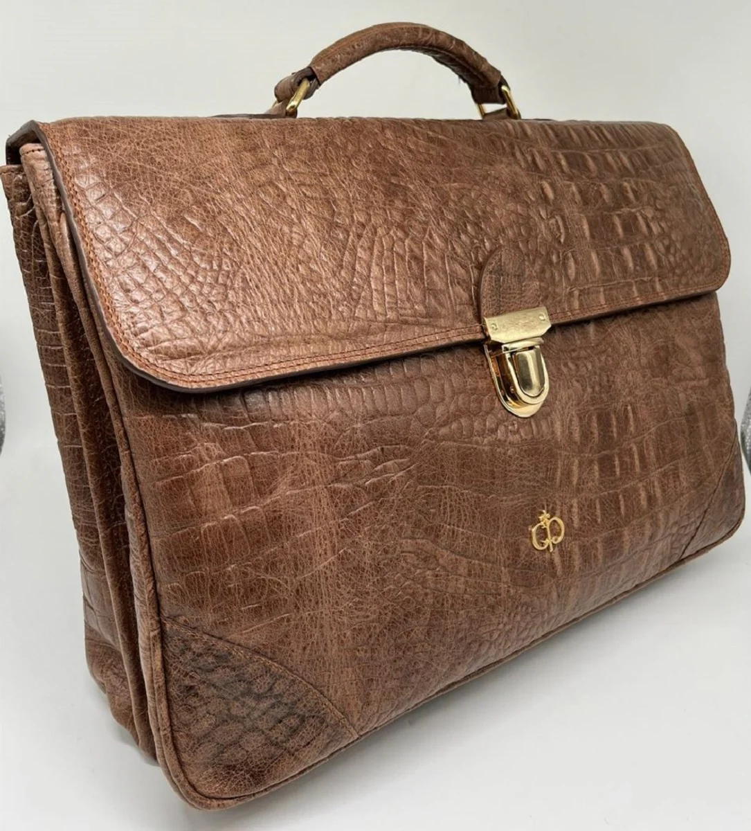 Luxus Echtleder Herren Aktentasche in Kroko Optik Braun / Gold 42 cm - Made in Italy