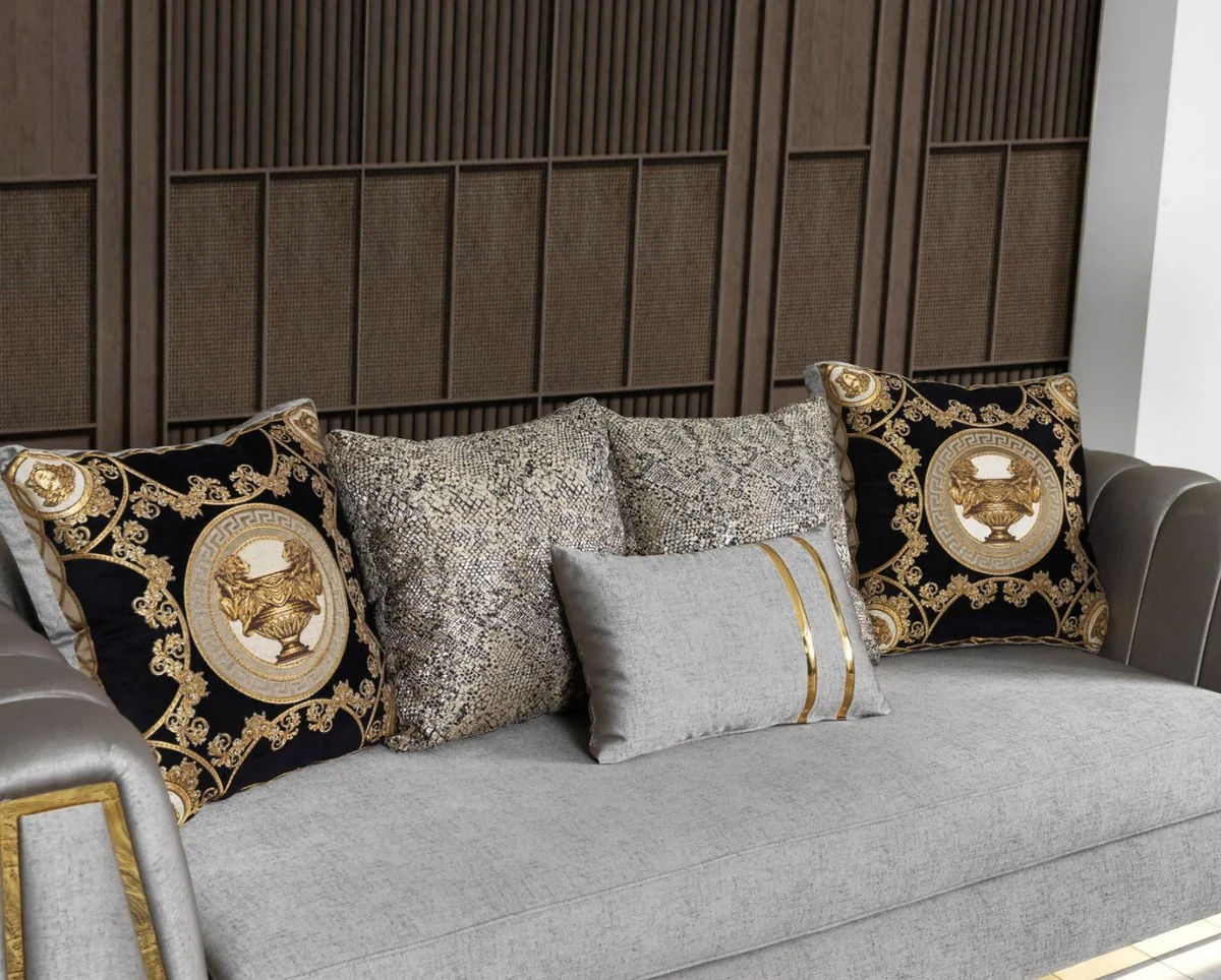 Luxury living room sofa with decorative pillows gray / gold 240 x 92 x H. 78 cm - Luxury living room furniture