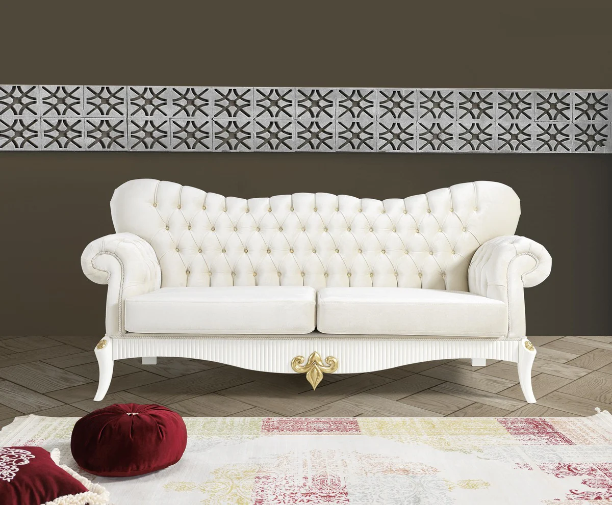 Barock Wohnzimmer Set Creme / Weiß / Gold - 2 Sofas & 2 Sessel & 1 Couchtisch - Edle Wohnzimmer Möbel im Barockstil