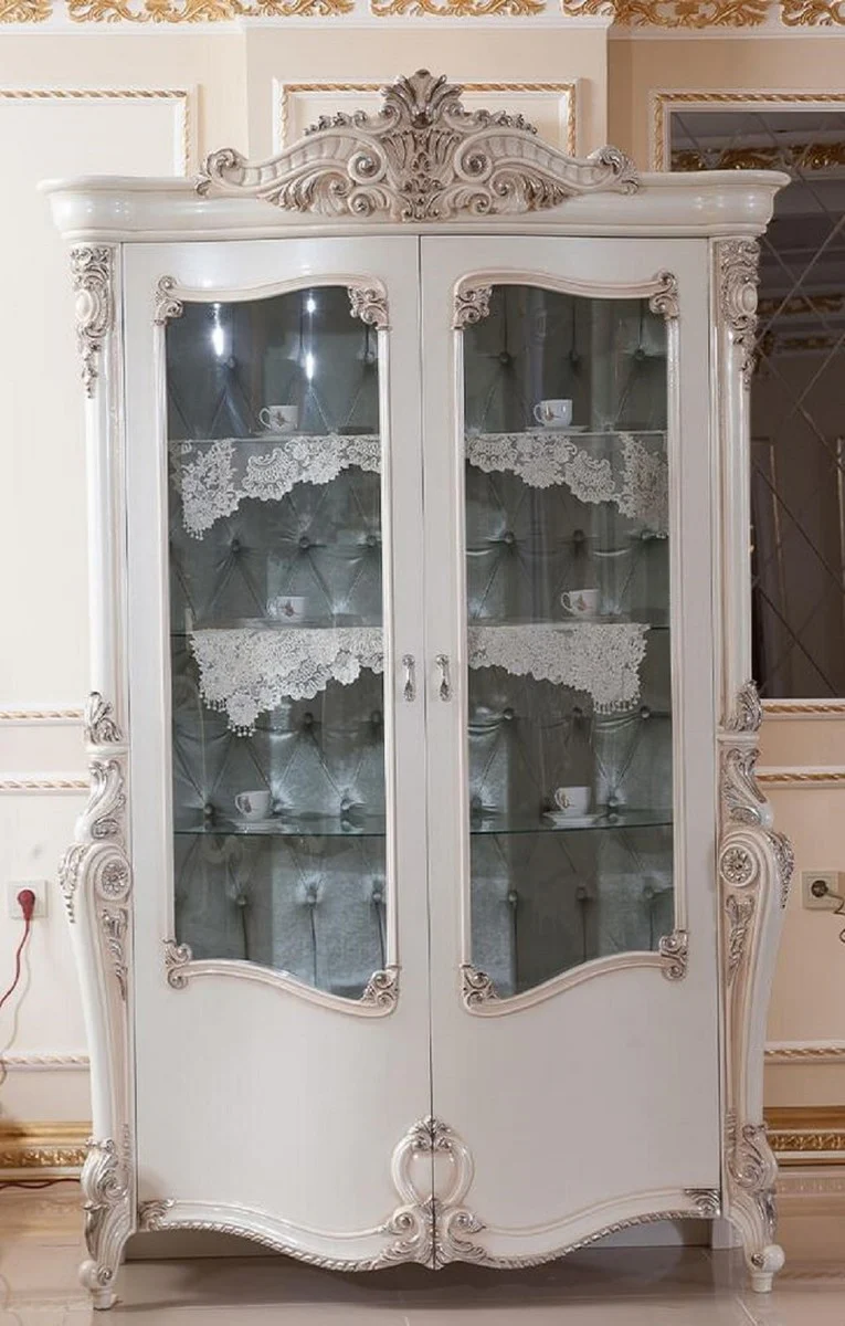 Luxury baroque display cabinet cream / white / silver H. 220 cm
