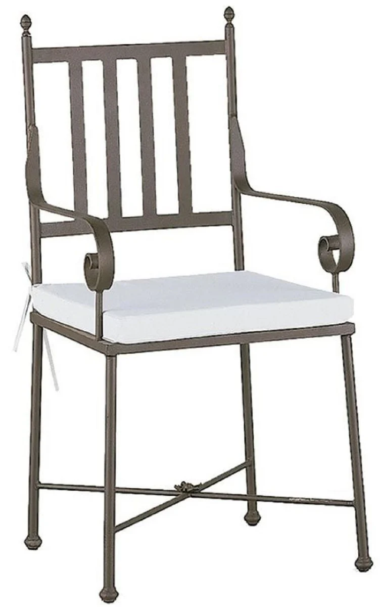 Luxury Art Nouveau garden chair with armrests and seat cushion brown / white 47 x 50 x H. 103 cm - Hand-forged dining room chair - Dining room garden patio furniture