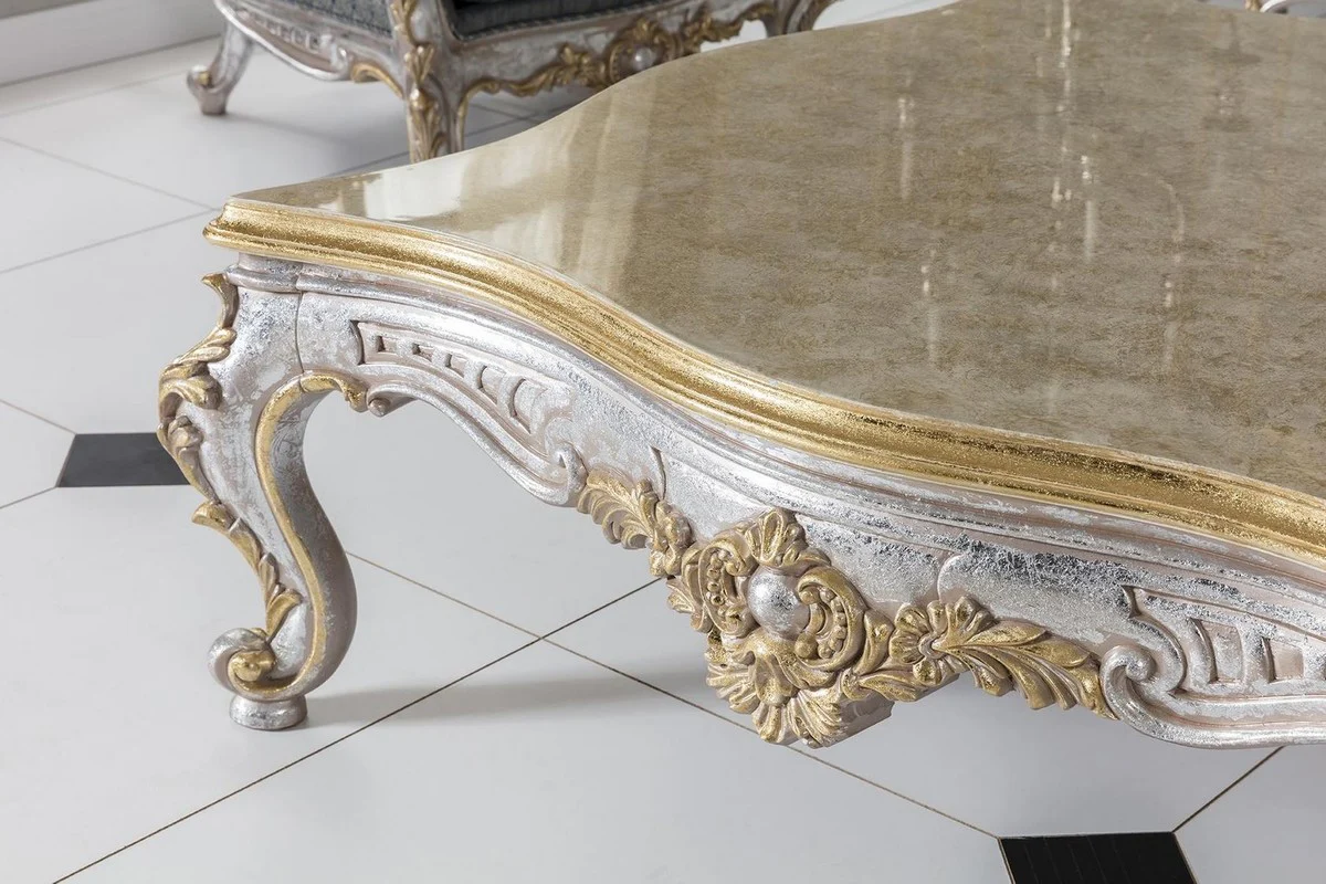 Luxury baroque coffee table gold / silver 125 x 125 x H. 50 cm - solid wood living room table in baroque style - noble and magnificent