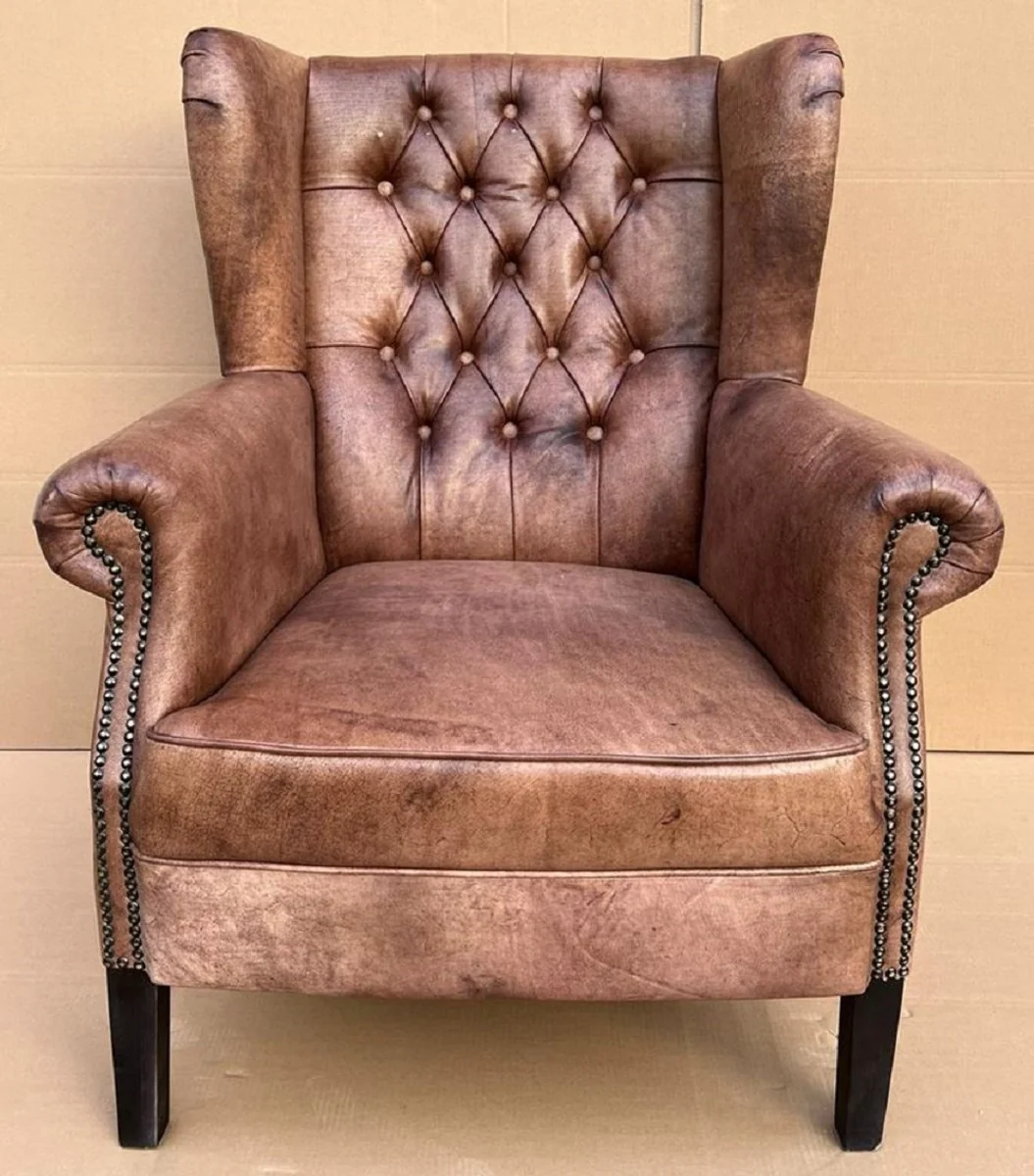 Luxury genuine leather Chesterfield wing chair vintage brown / black living room armchair leather