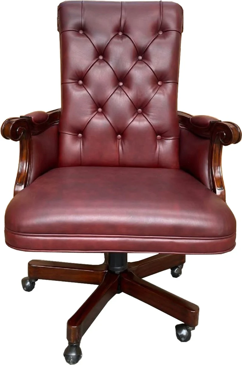 Luxury Chesterfield leather office chair Bordeaux red / dark brown 71 x 76 x H. 114 cm - Height-adjustable real leather desk chair - Chesterfield furniture - Real leather furniture - Luxury furniture