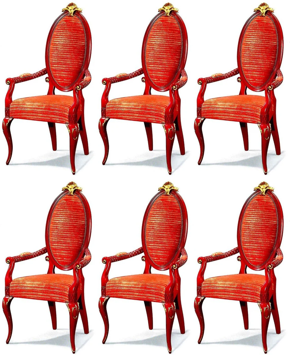 Luxury Baroque Dining Room Chair Set Red / Gold - Magnificent Baroque Dining Room Chairs Set of 6 with Armrests - Baroque Dining Room Furniture - Luxury Quality - Made in Italy