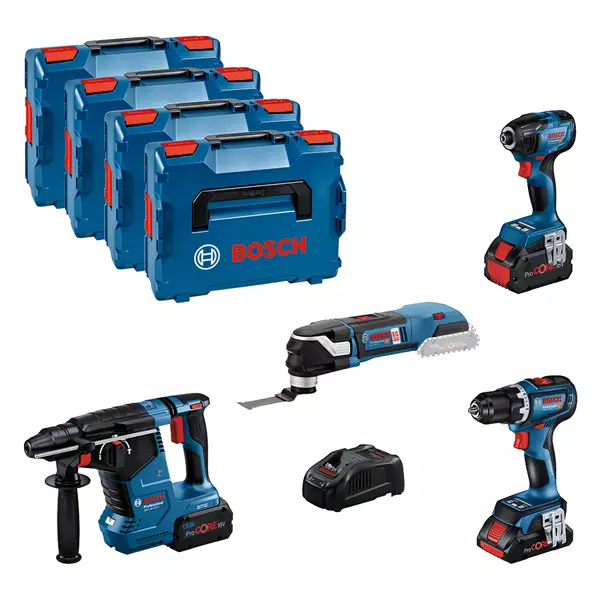 BOSCH COMBI-KIT 4 OUTILS 18V : GSR 18V-90C + DDR 18V-210C + GBH 18V-24C + GOP 18V-28 + 1 BATTERIE 4,0 AH (PROCORE) + 2 BATTERIES 5,5 AH (PROCORE) + GAL 1880CV (L)