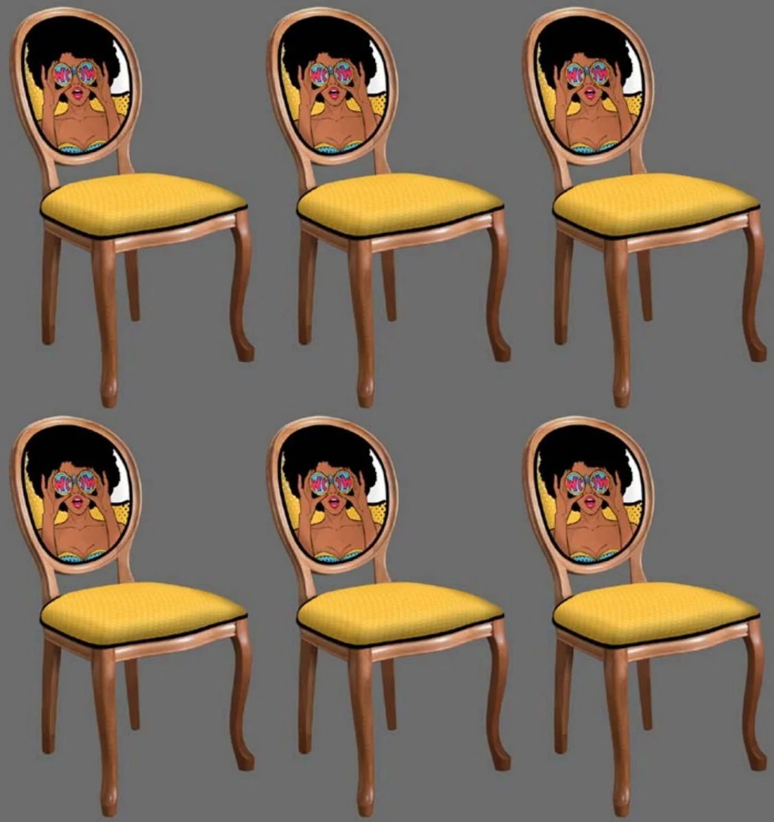 Baroque Dining Room Chair Set Yellow / Multicolored / Brown - 6 Handmade Kitchen Chairs in Baroque Style - Baroque Dining Room Furniture