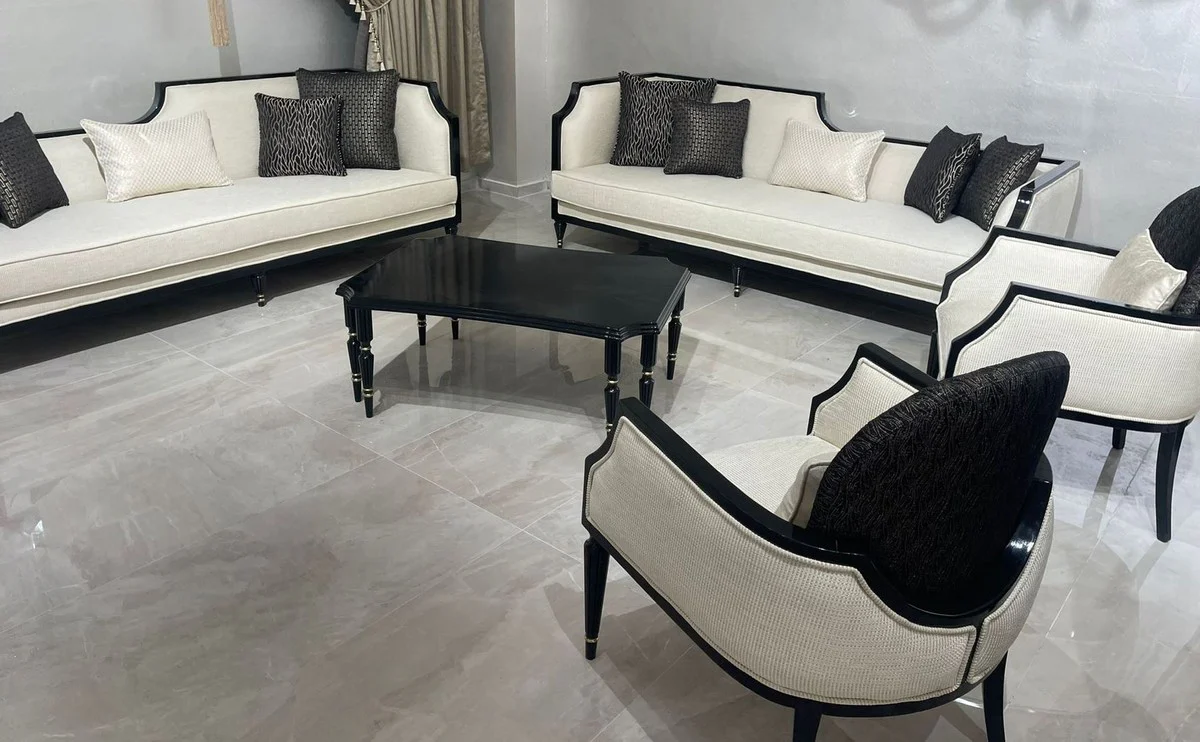 Luxus Art Deco Wohnzimmer Set Naturfarben / Schwarz / Gold - 2 Art Deco Sofas & 2 Art Deco Sessel & 1 Art Deco Couchtisch - Wohnzimmer Möbel - Art Deco Möbel - Luxus Möbel