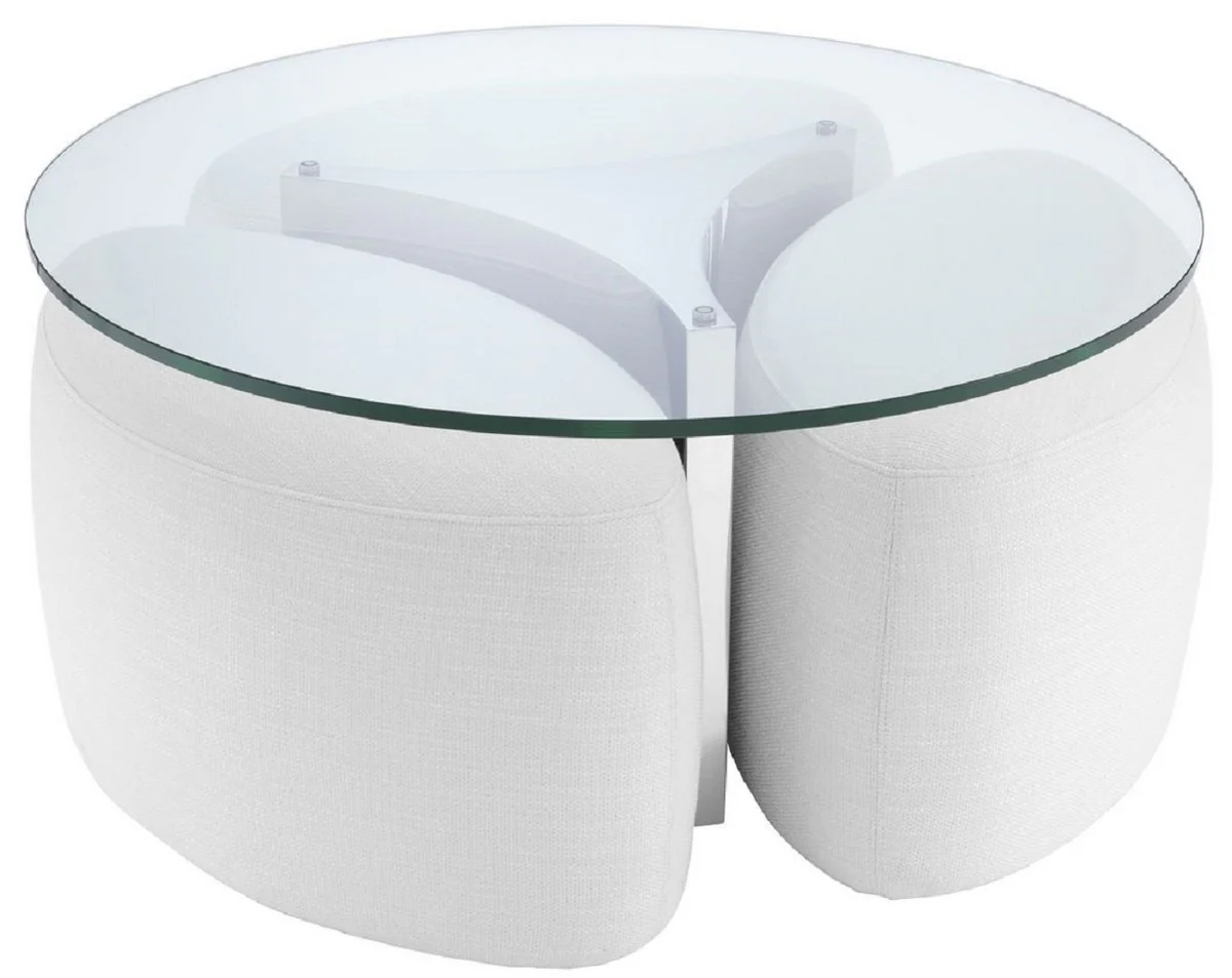 Luxury coffee table white / silver Ø 104 x H. 46.5 cm - Round stainless steel living room table with glass top and 3 elegant stools - Living room furniture - Luxury furniture
