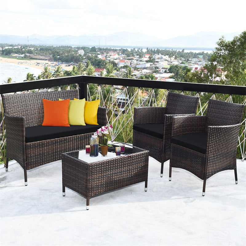 4 Pcs Outdoor Rattan Patio Conversation Set Wicker Furniture Set with Coffee Table and Cushion Sofas