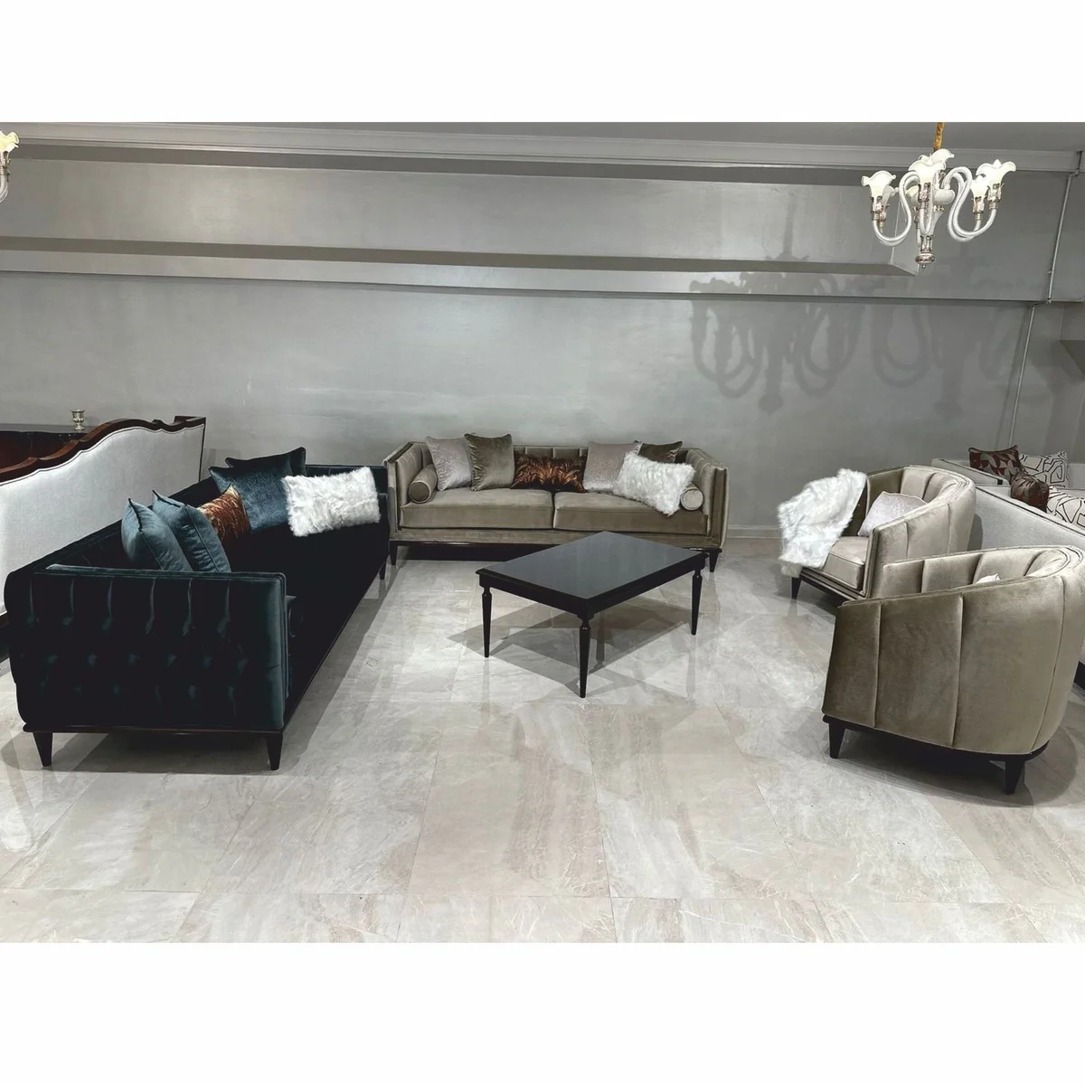 Luxury Art Deco Velvet Sofa Olive Green / Dark Brown 235 cm - Living Room Furniture